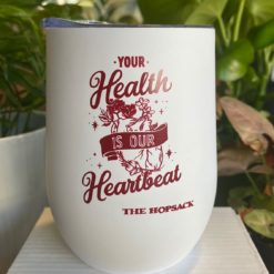 Hopsack Branded Reusable Cup White w/Red Type "Your Health Is Our Heartbeat"